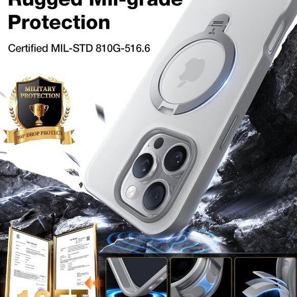 iPhone 16 Pro Max Case 360 Spin Magnetic Stand MagSafe Shockproof-Grey - Picture 8 of 10